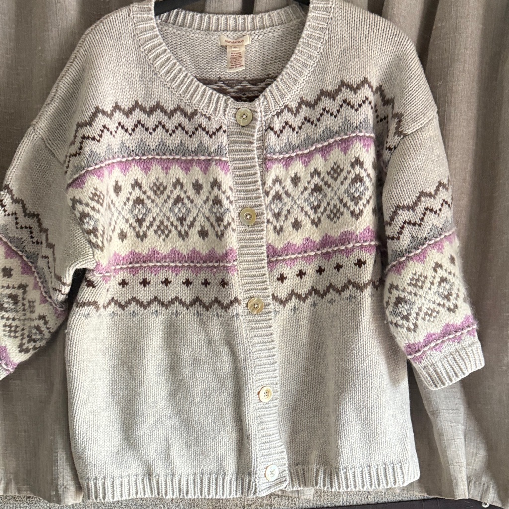 Sundance Wool Sweater Open Front Patterned - Cream And Purple Xl